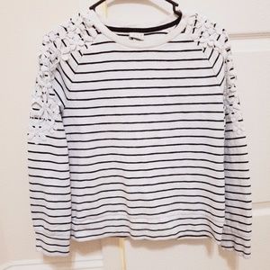 {lightly used} striped sweater w/ lace shoulders
